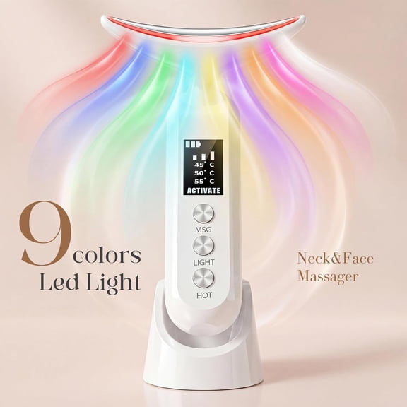 Face Massager with Led Light: 9-Color Facial Device - Neck Wrinkles Tightening Wand - Vibration Tool for Skin Care, White