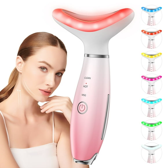 Face Neck Massager,7-in-1 LED Lights Skin Care Massage Tool with Vibration & Heat, Pink