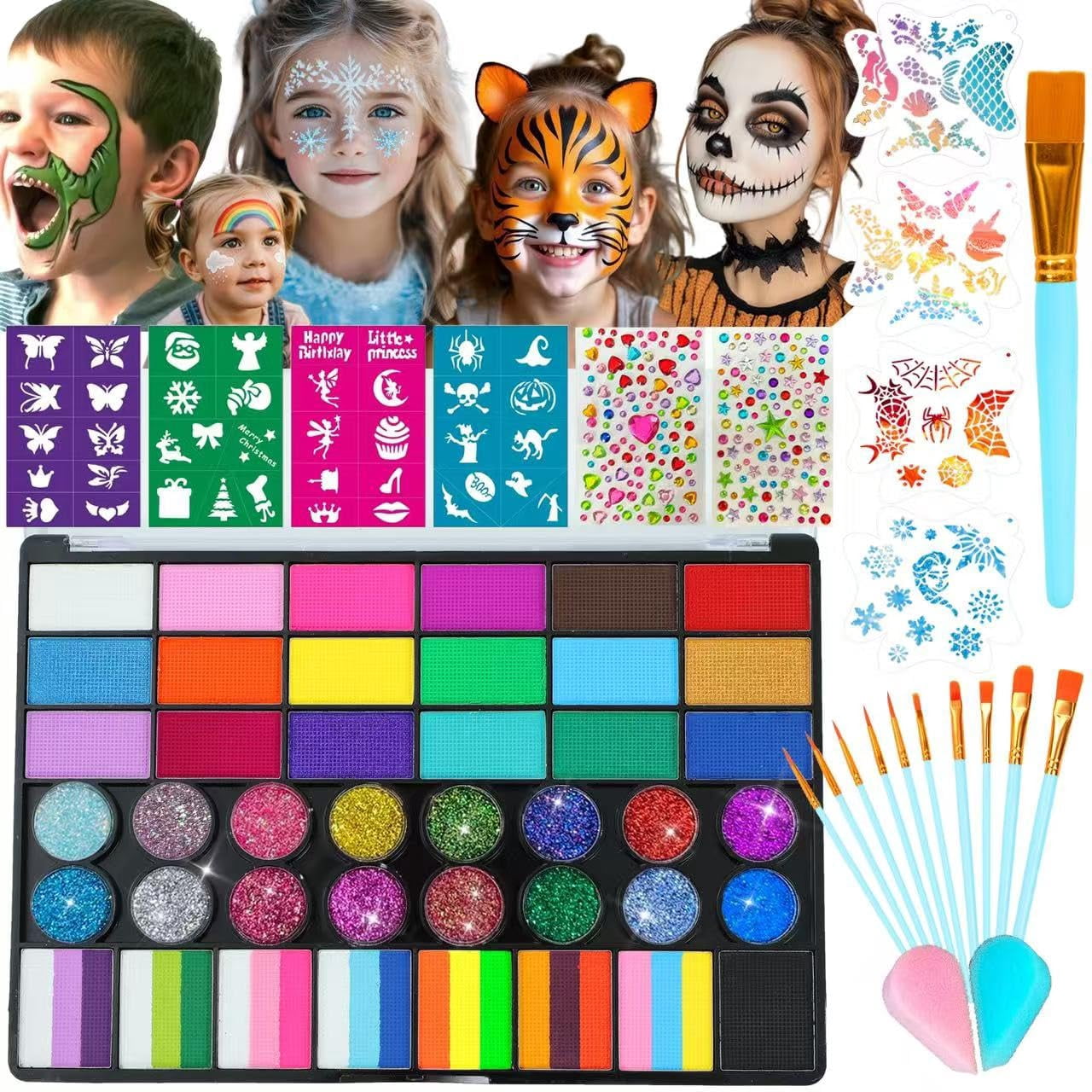 Face Painting Kit for Kids, 42 Colors Professional Face Paint Makeup Kit Non-Toxic Water Activated Facepaint with Brush, Stencil, Sponge, Gem, for Party Halloween Christmas (42 Colors)