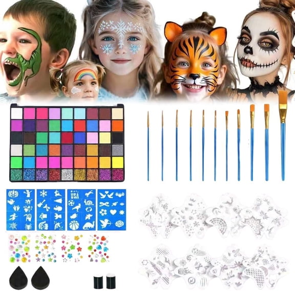 Face Painting Kit Makeup Kit Non-Toxic Water Activated Facepaint Palette with Brush, Stencil, Sponge, Gem, for Party Halloween Christmas