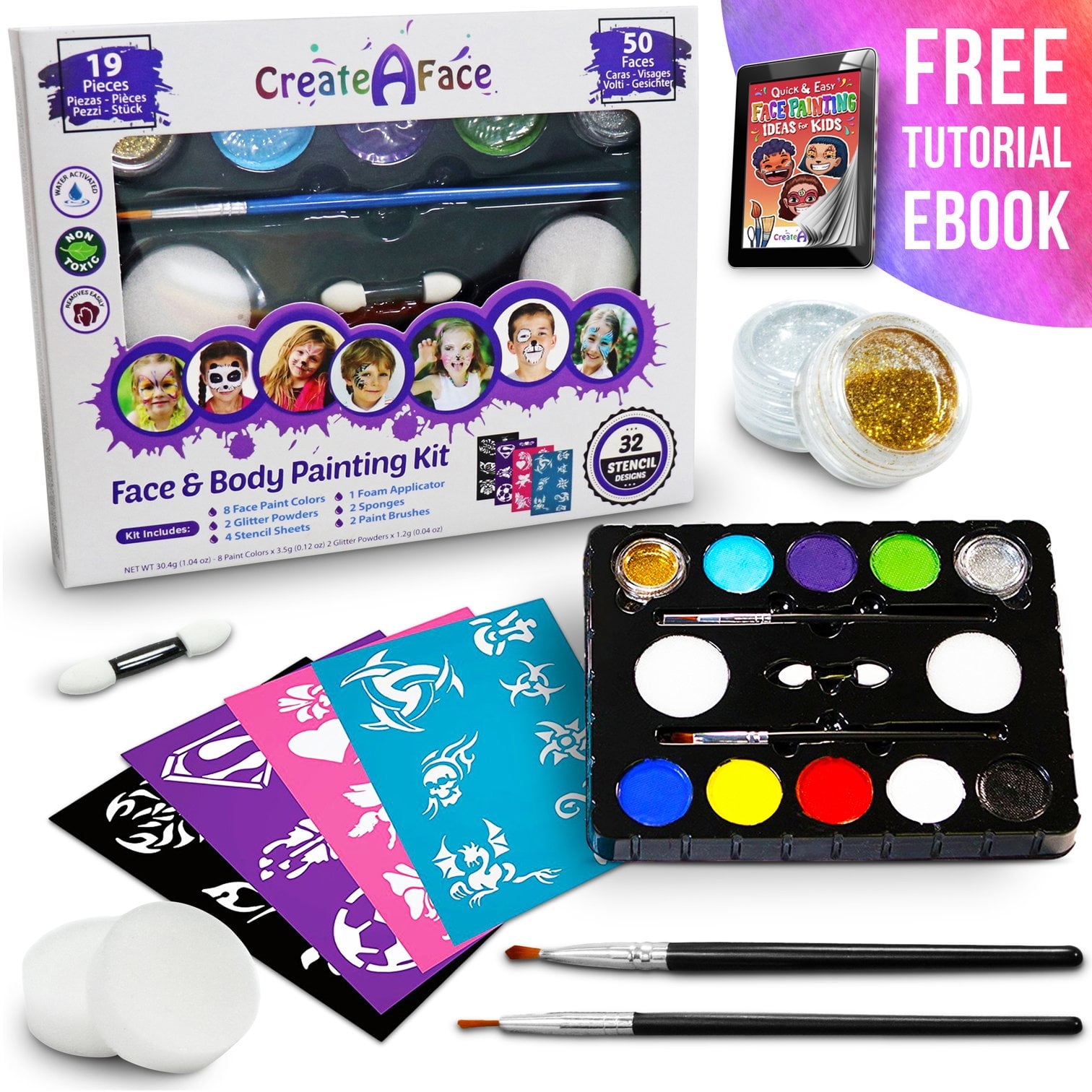 ADIS&GUYS ART SUPPLY Face Paint Kit for Kids - 58 pcs. Set with Water Based  - Quick Dry - Non-Toxic Sensitive Skin Paints - Glitters - Sponge