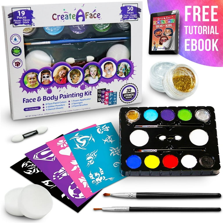 Dreamon 27 PCS Face Paint Kit for Kids, 17 Colors Face Painting Set  Includes Stickers, Brushes,Sponges, Professional Face Body P