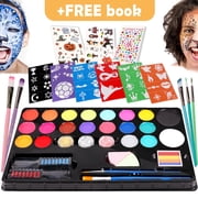 KiddiTouch Face Painting Kits for Kids, 20 Colors Water Based Face Paint Kit, Halloween Makeup Includes Hair Chalks Comb, Brushes, Stencils