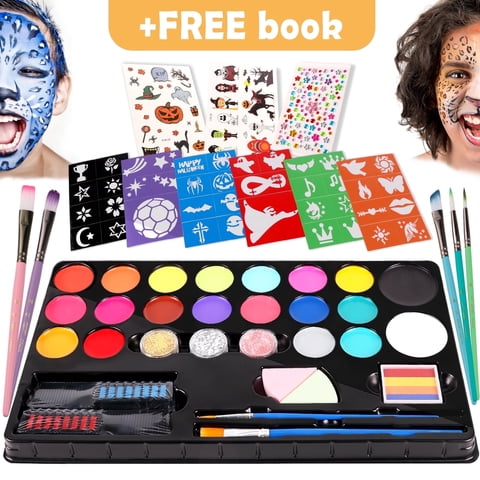 KiddiTouch Face Painting Kits for Kids, 20 Colors Water Based Face Paint Kit, Halloween Makeup Includes Hair Chalks Comb, Brushes, Stencils
