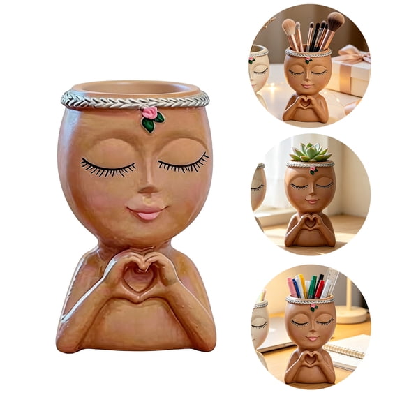 Face Planter Pot with Heart Hands,Head Planter for Indoor Plants,Succulent Pots, Decorative Makeup Brush Holder for Vanity, Desktop Storage Container,Brown,4.84 x 3.07in