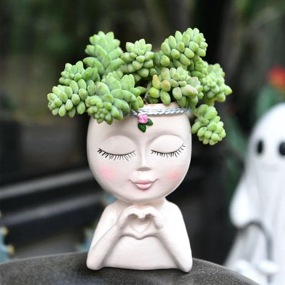 Face Planter Pot with Heart Hands, Unique Resin Head Planter for Indoor Plants, Cute S-ucculent Pots with Drainage Hole, Decorative Makeup Brush Holder for Vanity, for Women,Beige,3" x 4.84"
