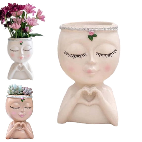 Face Planter Pot with Heart Hands, Unique Resin Head Planter for Indoor Plants, Cute Succulle-nt Pot with Drainage Hole,Decorative Makeup Brush Holder for Vanity,Gardening Gifts for Women Mom Teacher