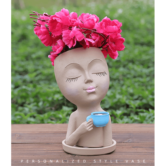 Face Planter Pot -Khaki Face Flower Pot for Indoor Outdoor Plants Resin Succulent Planter with Drainage Hole Cute Lady Face Plant Pots by Scheam
