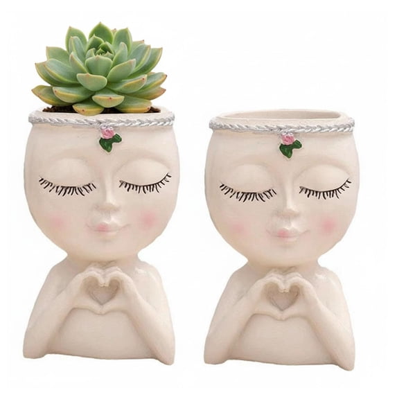 Face Planter Pot with Heart Hands, Resin Head Succulent Planter with Drainage Hole, Cute Decorative Makeup Brush Holder for Vanity, Gift for Women