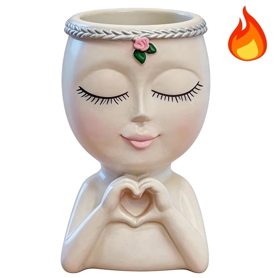 Face Planters Pots Head With Heart Hands, Resin Head Planter For Indoor Plants, Cute Succulent Pots With Drainage Hole, Gardening Gifts For Women Mom Teacher, 4.8" Home Decor
