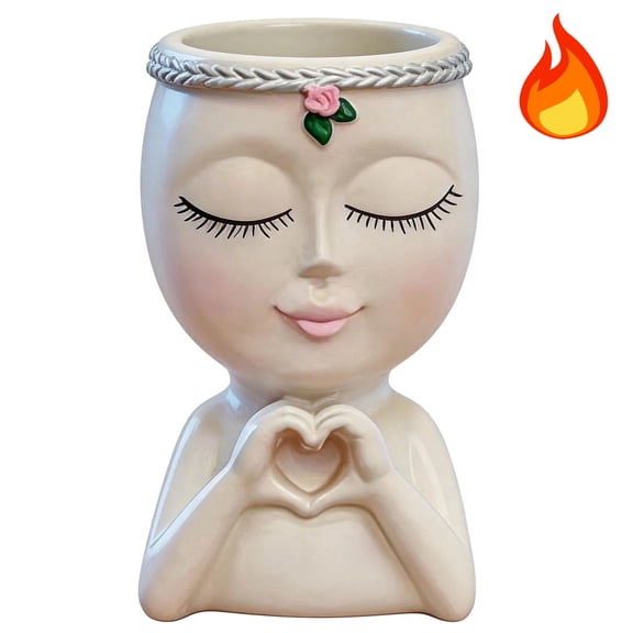 Face Planters Pots Head With Heart Hands, Resin Head Planter For Indoor Plants, Cute Succulent Pots With Drainage Hole, Gardening Gifts For Women Mom Teacher, 4.8" Home Decor