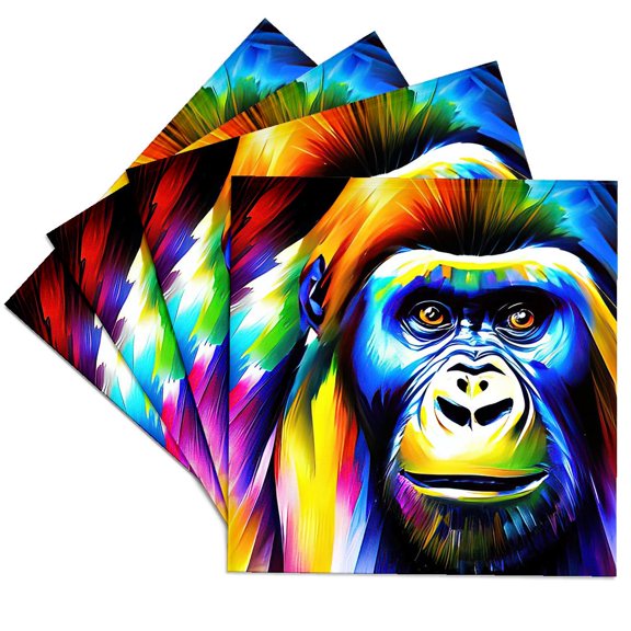3drose, Face Portrait of Gorilla Ape. Colorful Digital Painting, Gift, Card, Set of 4 Ceramic Tile Coasters