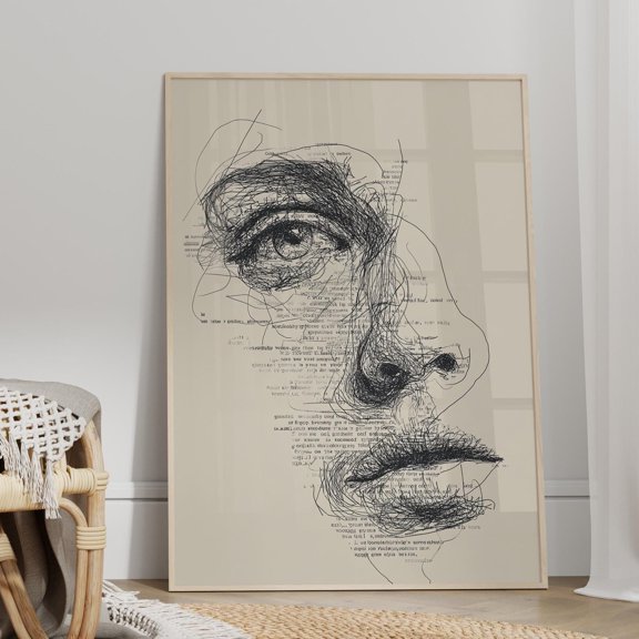 Face Scribble Line Portrait Or Calligram Human Face Pen Sketch Drawing Hand Drawn Poster , Poster Print Only