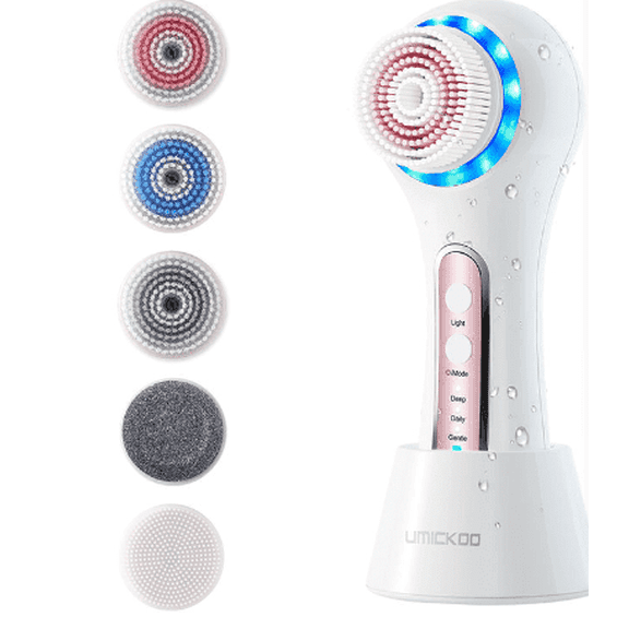 Sissinoceros Electric Face Scrubber Exfoliator, Rechargeable IPX7 Waterproof with 5 Brush Heads - White