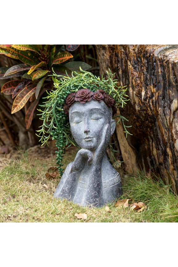 Face-Shaped Planter Pot with Drainage Hole Gray Concrete Finish Burgundy Floral Crown 9.4 x 7.2 x 13.9 Inch