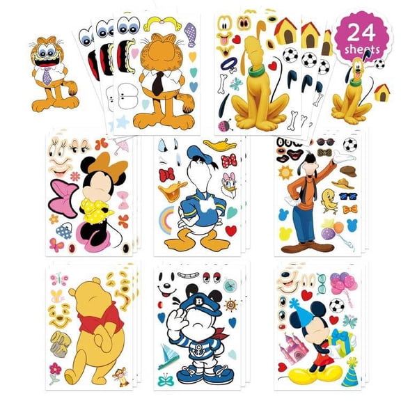 Face Stickers 24 Sheets Cartoon characters in the playground 8 unique cartoon kids stickers set, cute and fun story toy anime stickers, party gifts for birthdays, special events