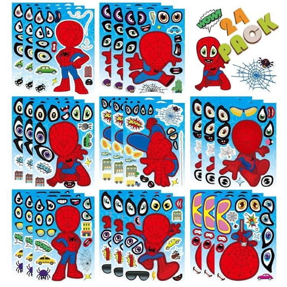 Face Stickers 24 Sheets Spider-Save the World 8 unique cartoon kids stickers set, cute and fun story toy anime stickers, party gifts for birthdays, special events