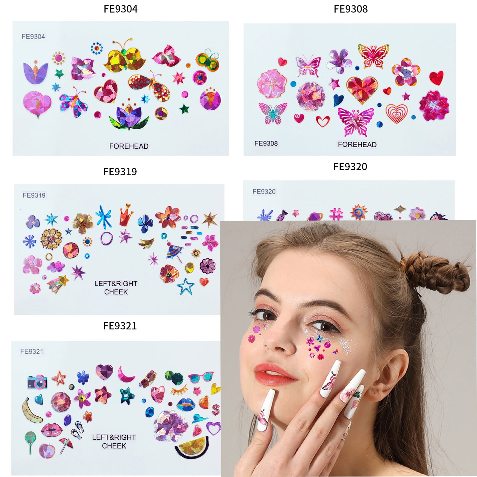 Face Stickers Makeup for Kids Gift Cute Stickers for Face Glitter Butterfly  6 Sheets Suncolor Hair
