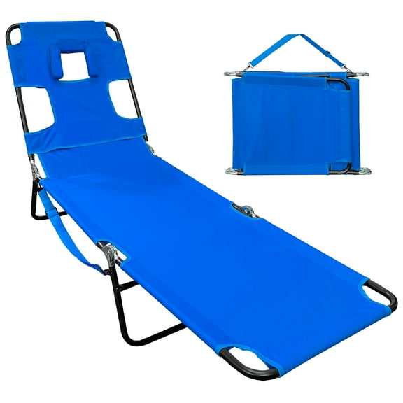 Face Down Tanning Chaise Lounge Chair - Face & Arm Holes - 2 Legs Support - Polyester Material Backrest Positions - Head Rest Pillow - Beach or Home Use Read and Tan - Blue Stripes Pattern