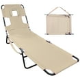 thumbnail image 1 of Face Down Tanning Chaise Lounge Chair - Face & Arm Holes - 2 Legs Support - Polyester Material – Backrest Positions - Head Rest Pillow - Beach or Home Use - Read and Tan - Tan Stripes Pattern, 1 of 1