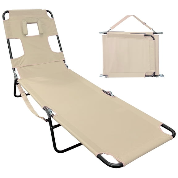 Face Down Tanning Chaise Lounge Chair - Face & Arm Holes - 2 Legs Support - Polyester Material Backrest Positions - Head Rest Pillow - Beach or Home Use - Read and Tan - Tan Stripes Pattern