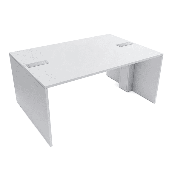 Face-To-Face Desk | 4 Person Collaborative Table | 4x6 All Laminate Team Desk With Double Power And Data Units | Classic White And Silver