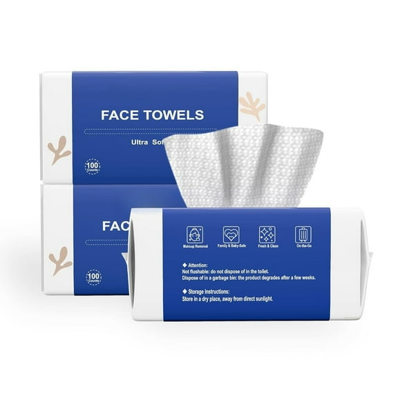 Face Towels, Disposable Biodegradable Clean Facial Towels for Sensitive Skin, Lint- free Face Cloths for Makeup Remover, Skincare and Women Cleaning, Dry Wipes,100 Count Dot Texture