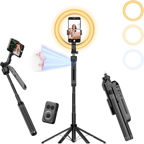 Face Tracking Self-Stick Tripod with 10 Inch Ring Light and 360    Adjustable Smartphone Stand