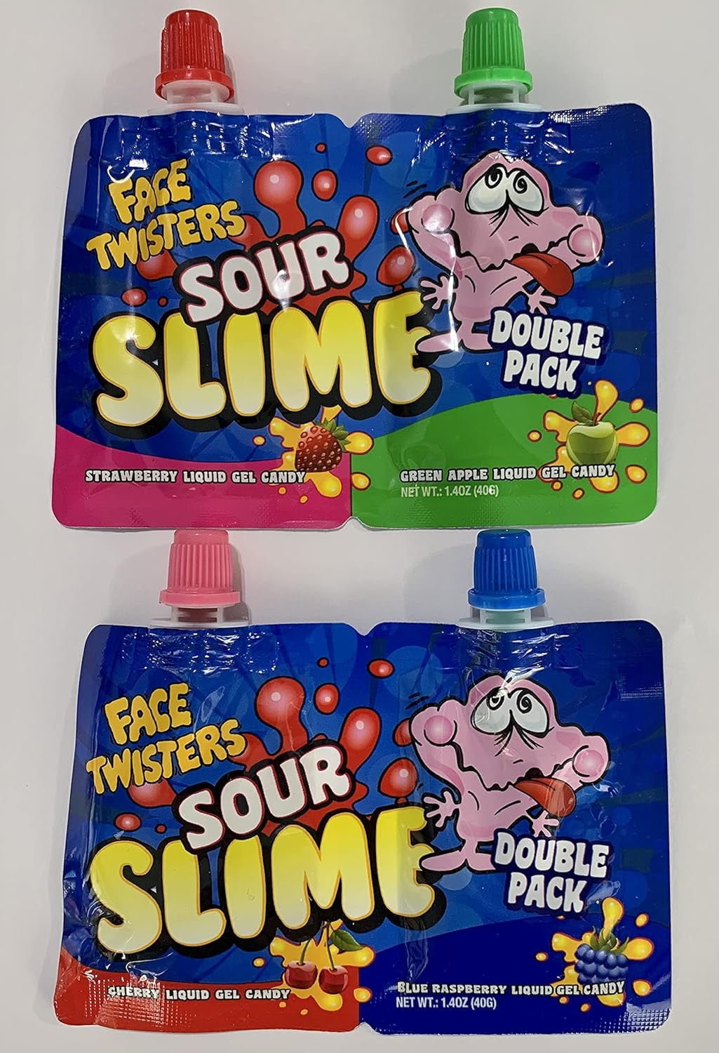 Face Twisters Sour Slime Liquid Gel Candy Bundle 2 Double Packs, One 1.4 oz Pack Strawberry