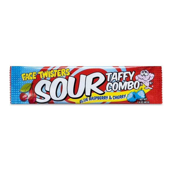 Face Twisters Sour Taffy Combo Bar, Blue Raspberry & Cherry, 1.4 oz.