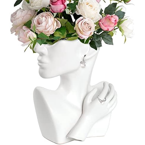 Face Vases for Flowers Bust Planter Ceramic Head Vase Display Jewelry Rack White 9.84 Inches High Suitable for Placing on The Table or Shelf (White)