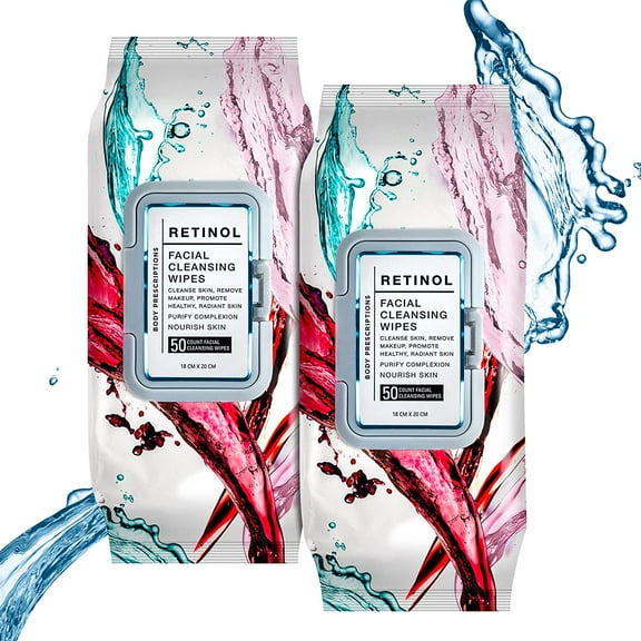 Face Wipes, Retinol Facial Cleansing and Gentle Make Up Remover Wipes , 2 Pack (100 Count)