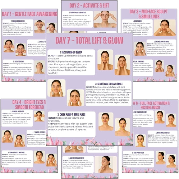 Face Yoga Exercise Chart, 7 Day Facial Workout Routine for Lifting, Toning & Anti-Aging, Daily Fitness Guide Poster for Women & Beginners