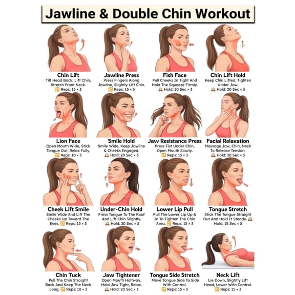 Face Yoga Poster Jawline Exercises Chart for Double Chin Reduction & Neck Tightening