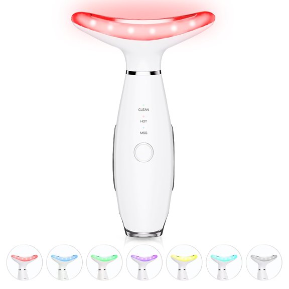 Face and Neck Massager, 7 Color Vibrating Massage Tool with Heat, Galvanic Facial Machine for Home Use, White