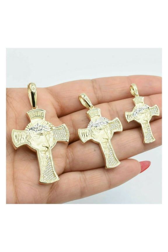 Face of Jesus CZ Cross Pendant Unisex Adult Solid 10K Yellow White Gold, All Sizes - Goldum NYC