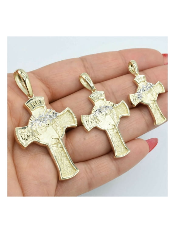 Diamond-Cut Face of Jesus Cross Unisex Adult Pendant 10K Yellow White Gold, 6.13 Gr - GOLDUM NYC