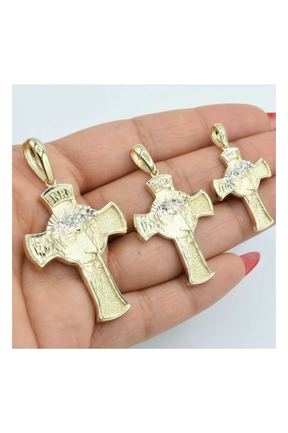 Diamond-Cut Face of Jesus Cross Unisex Adult Pendant 10K Yellow White Gold, 6.13 Gr - GOLDUM NYC