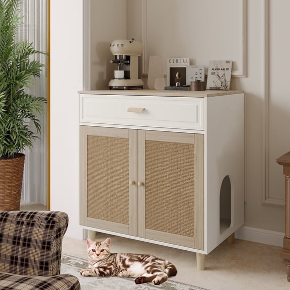 Faceket Cat Litter Box Enclosure Furniture, 31.6" x 21.5" x 34.5"h, Hidden Indoor 2-in-1 Wooden Cabinet with Scratching Board Doors and Drawer, White