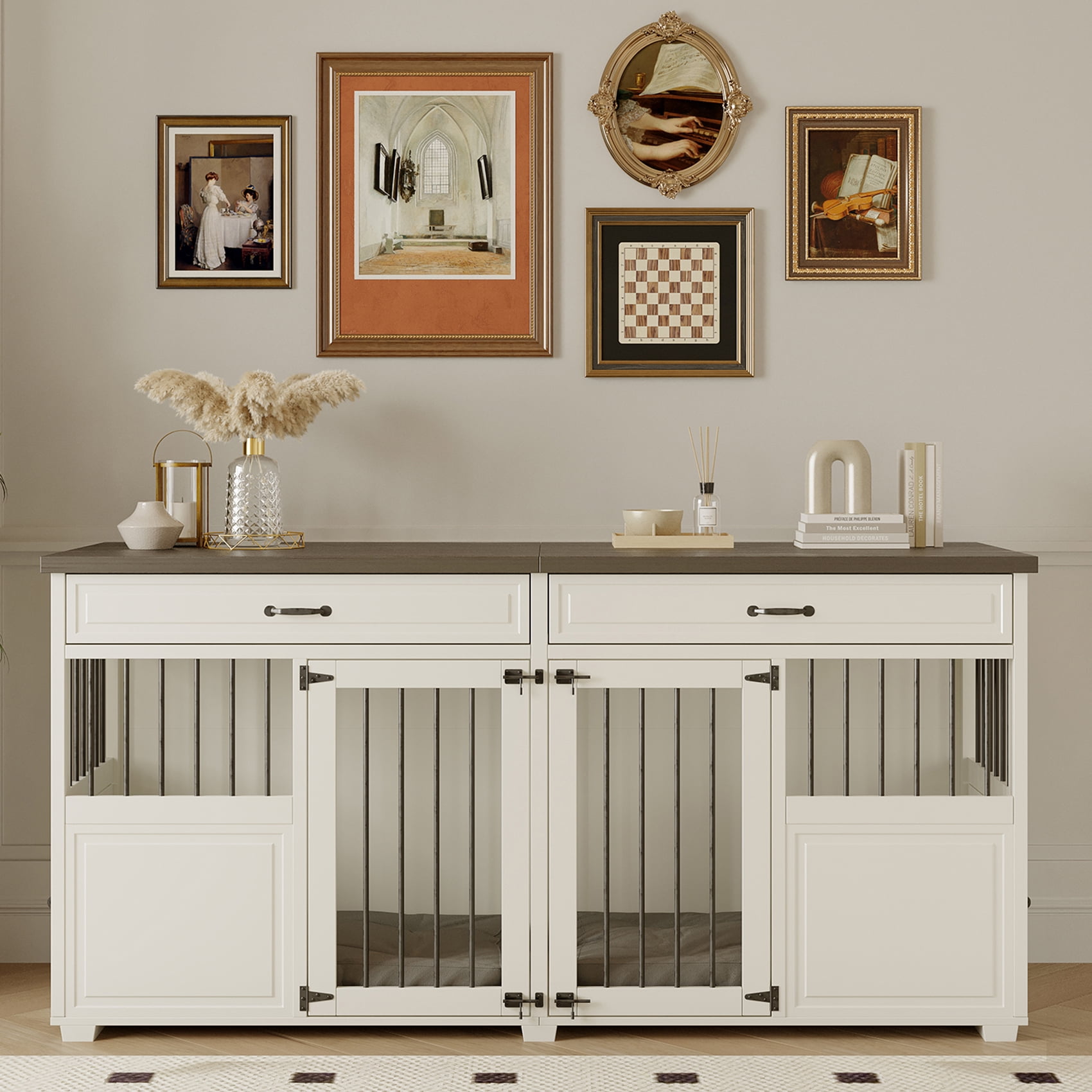 Faceket Lockable 4-Door 72.1" Wooden Furniture Style Crate for Dogs with Divider and 2 Drawers