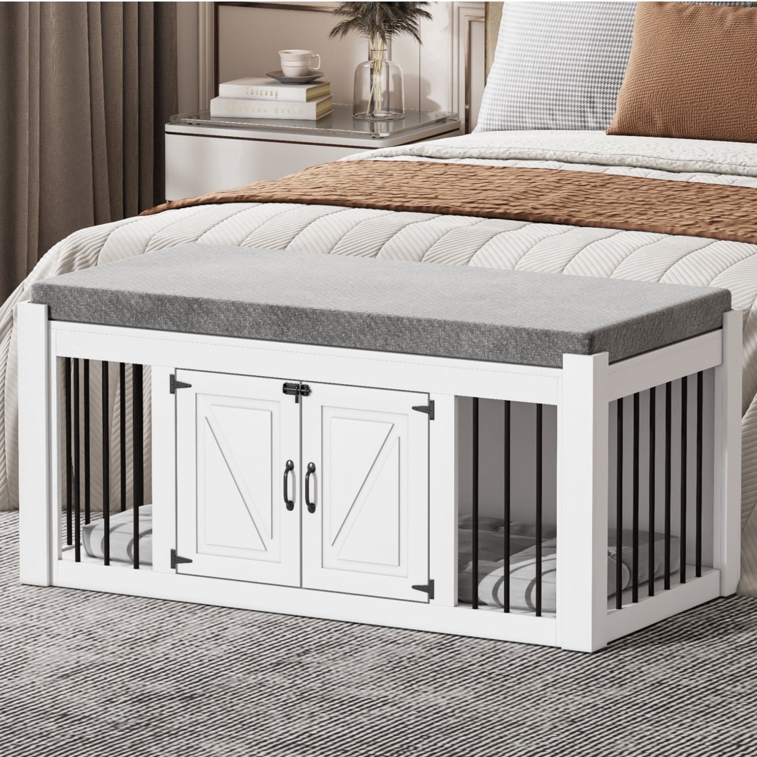 Faceket Lockable 2-Door 47" Wooden Furniture Style Crate for Dogs with Removable Cushion