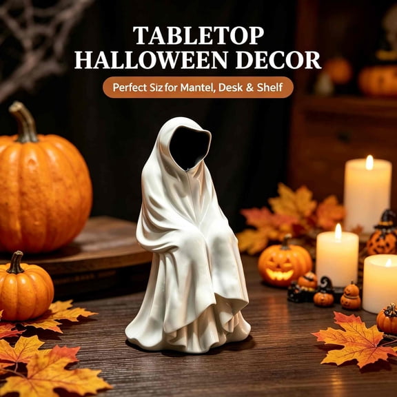 Faceless Hooded Ghost Shelf Sitter Statue, Gothic Resin Halloween Tabletop Decor with Cloaked Ghoul Design, Spooky Ornament for Mantel Shelf Entryway and Party Display