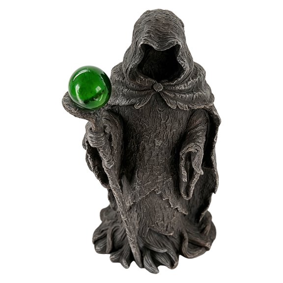Faceless Statue With Green Orb Staff Tree Textured Resin Figurine For Halloween Home Tabletop Decor (Black, 7.8in)