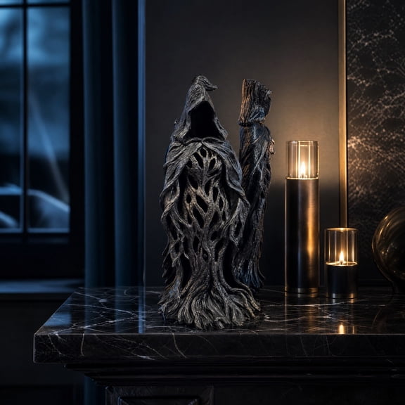 Faceless Tree Root Wizard Plastic Statue, Gothic Hollow Hooded Forest Warlock Figurine for Halloween Tabletop Home Decor