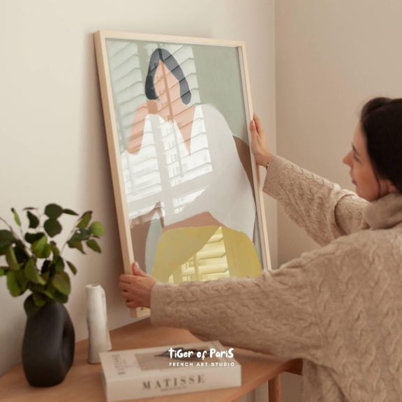Faceless Woman White Top Yellow Skirt Sage Green Art