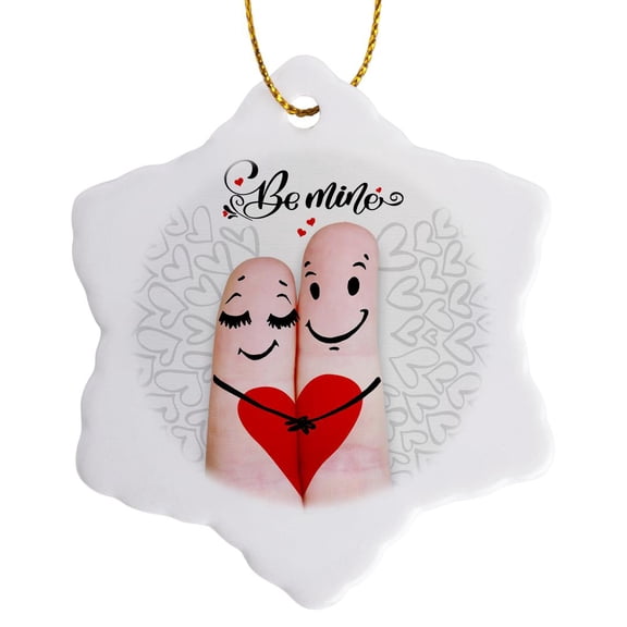 3drose, Faces Drawn on Fingers for a Be Mine Valentine Happy Couple in Love, 3 inch Snowflake Porcelain Ornament