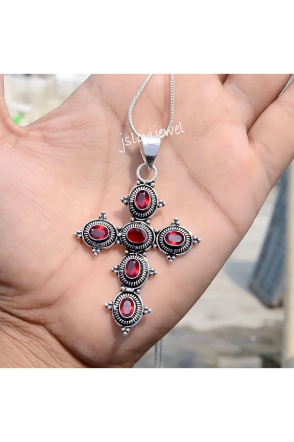 Faceted Garnet Gemstone 925 sterling silver Religious Pendant Necklace Cross Jewelry