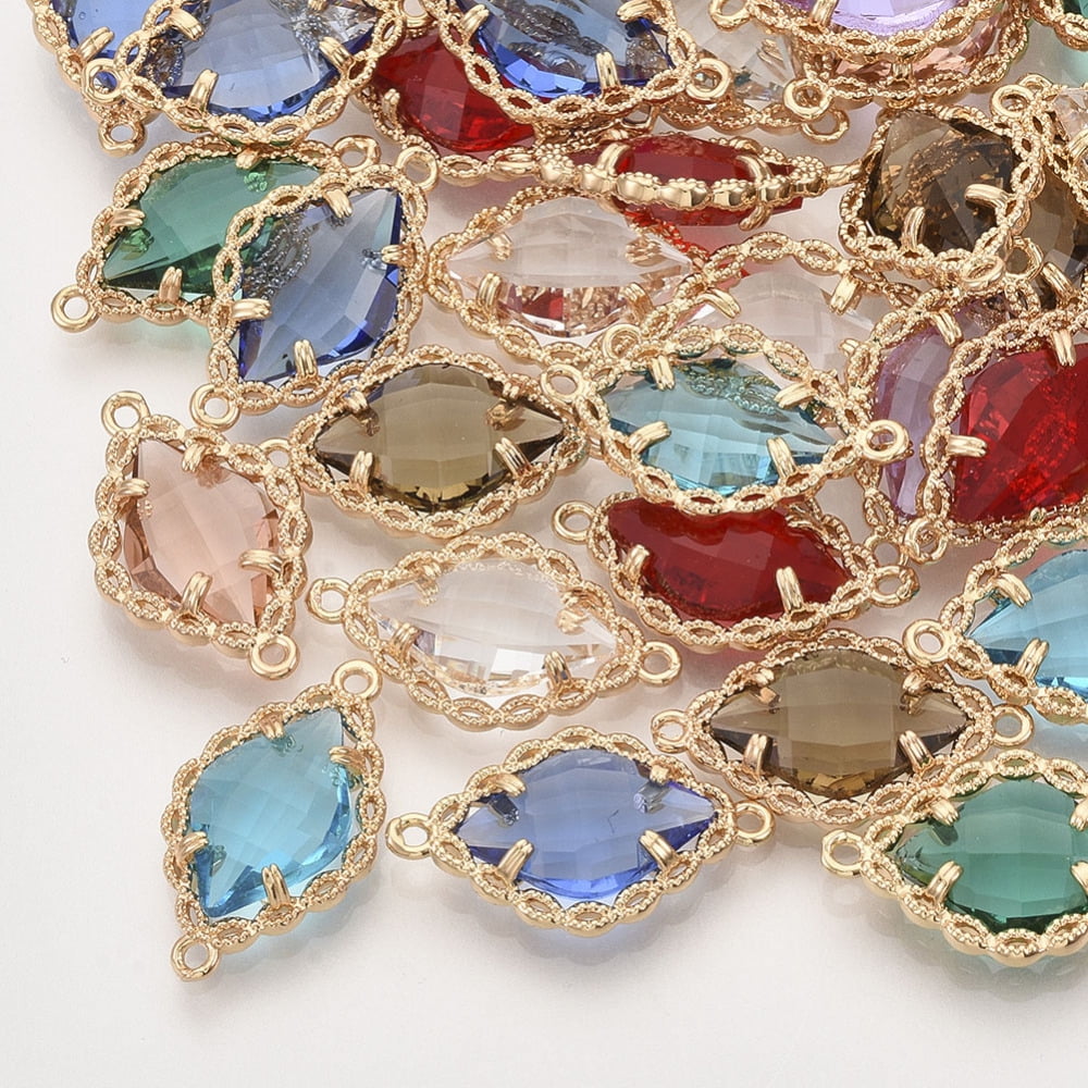 Faceted Glass Links connectors with Golden Tone Brass Open Back Settings Rhombus Mixed Color 21.5x13x4.5~5.5mm Hole: 1.2mm