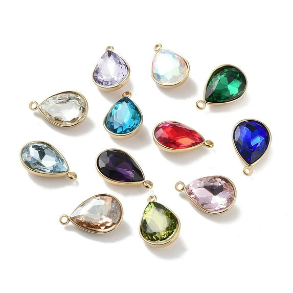 Faceted Glass Pendants with Ion Plating(IP) Golden 304 Stainless Steel Findings Mixed color Teardrop 18x11.5x6mm Hole: 1.6mm