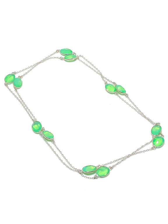Lab-Created Green Milky Opal Necklace 36" Chain Oval Cut Gemstone Jewelry CH 728